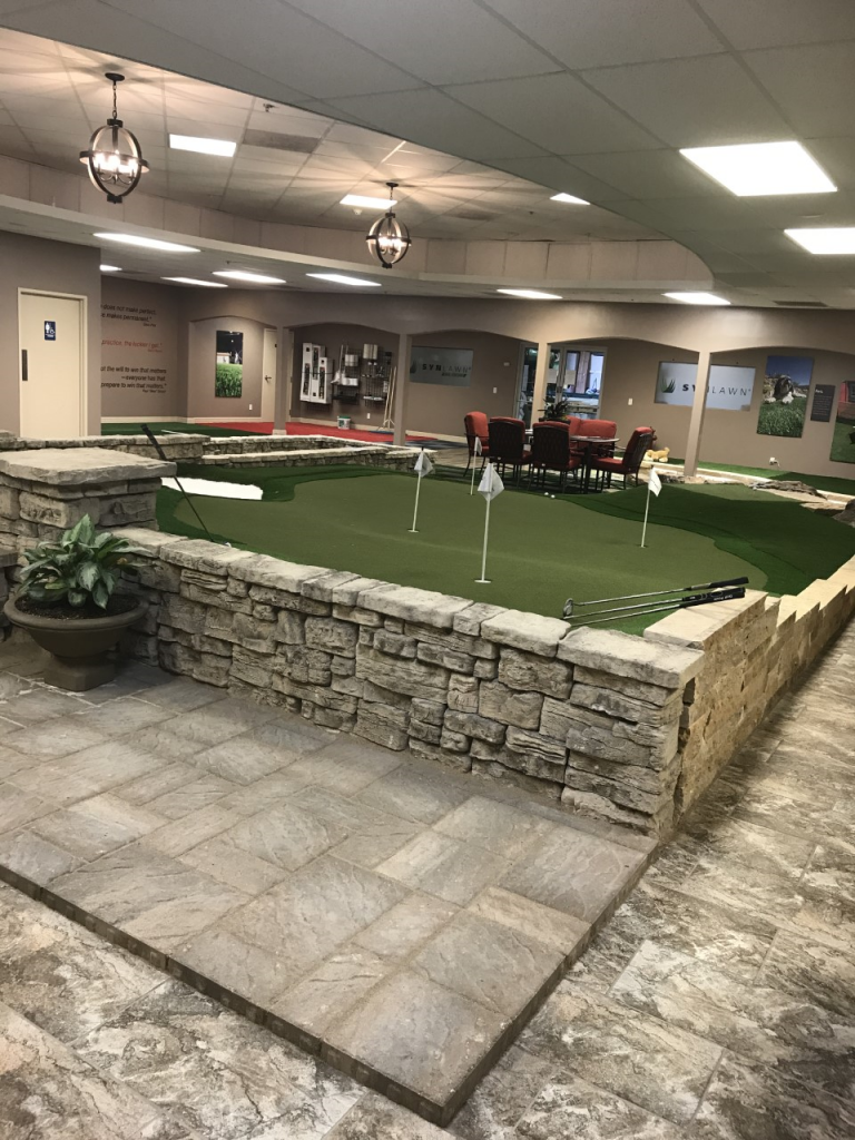 Showroom putting green with artificial grass