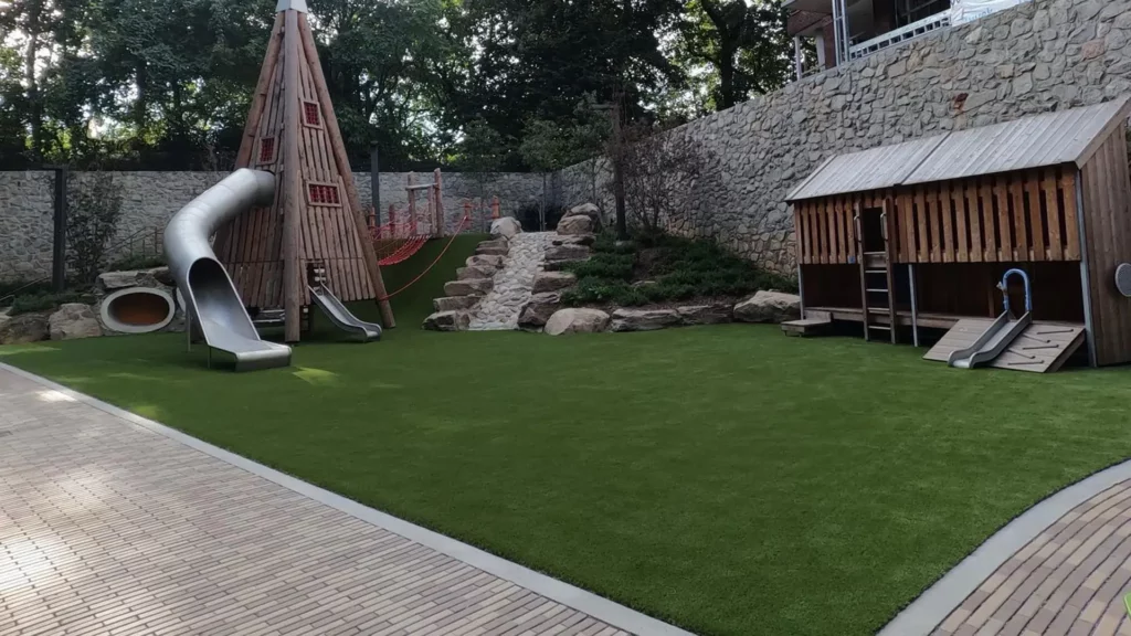 Artificial grass backyard installation